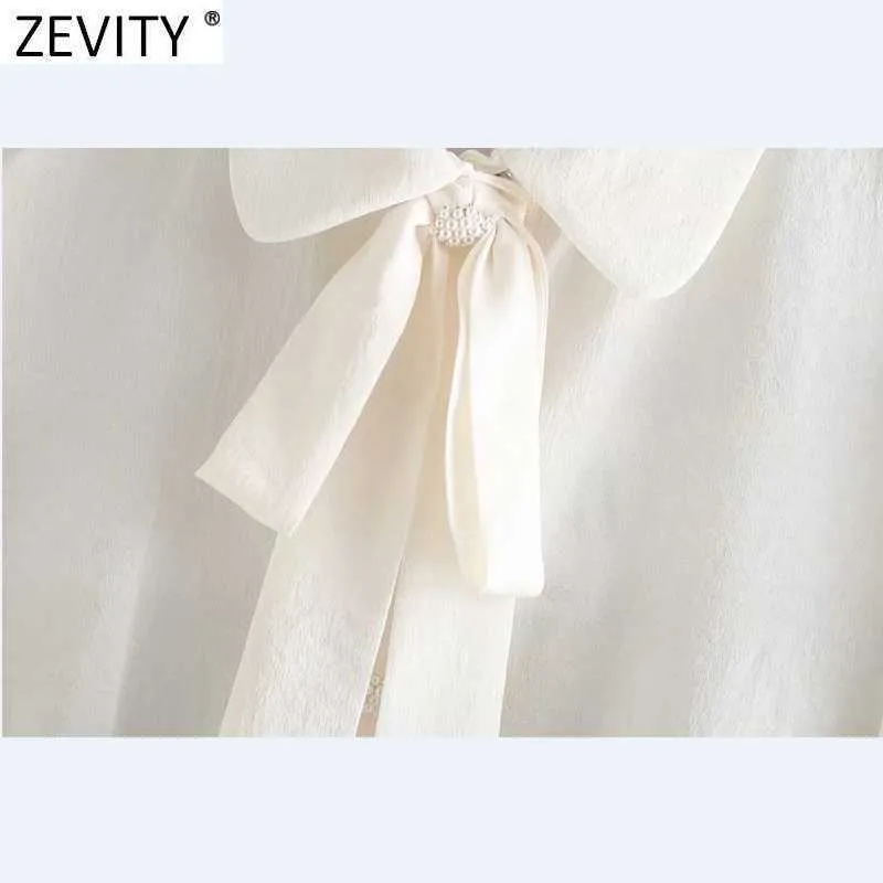 Zeveity женская мода украшения лук сплошные повседневные короткие блуза офисные дамы жемчужина рубашка Chic Cheic Chemise Tops LS7383 210603