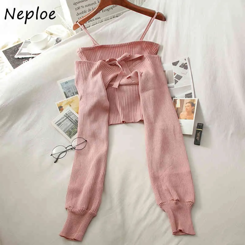 NEPLOE Moda Fałszywy 2 Sztuk Patchwork Knit Camis Sweter Kobiety Sweter Długim Rękawem Ramię Bez Ramiączek Pull Femme Spring Sueter 210423