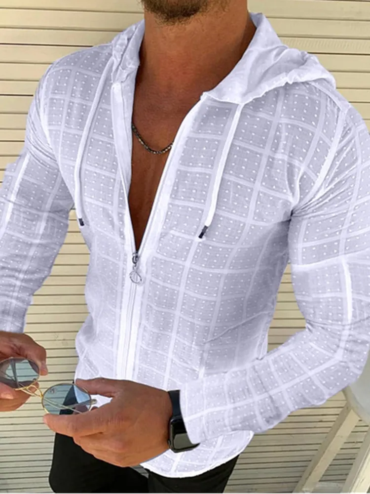 Long/Short sleeved Hoodie Zipper T shirt Men clothing Summer Solid color Casual Plaid print Open Stitch Thin Tshirt S-3