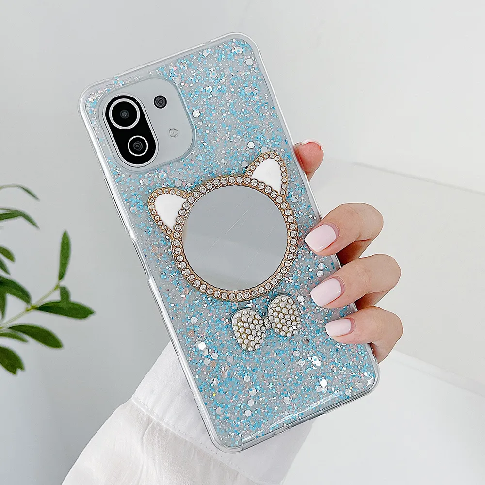 Custodie a specchio gatti svegli con perle glitterate Xiaomi Mi 11 Lite POCO X3 Pro F3 Redmi Note 10Pro 10S 9 9A 9C Cover morbida e trasparente