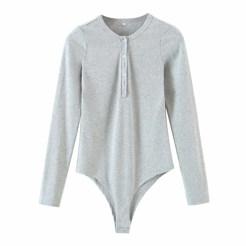 Elegant Women Grey Slim Rompers Fashion Ladies Solid Soft Romper Causal Female Chic Cotton Full Sleeve Bodysuits 210427