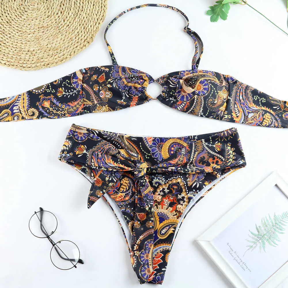 Vintage Impressão Biquini Set Cintura Alta 2 Parte Sling Halter Swimsuit Mulheres Sexy Bandeau Banhando Maillo de Bain Femme 210604