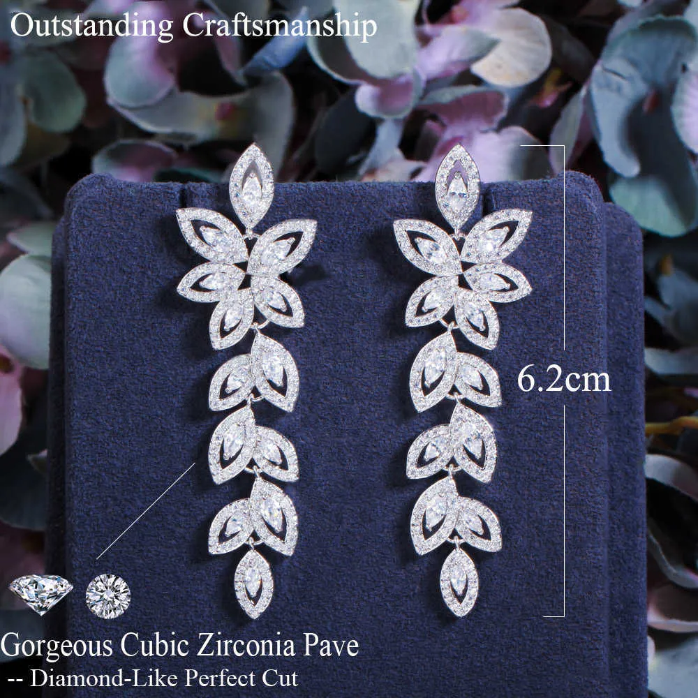 Poland Marquise Cubic Zirconia Cluster Dangling Drop Flower Leaf Long Earring for Women Wedding Banquet Jewelry CZ882 210714