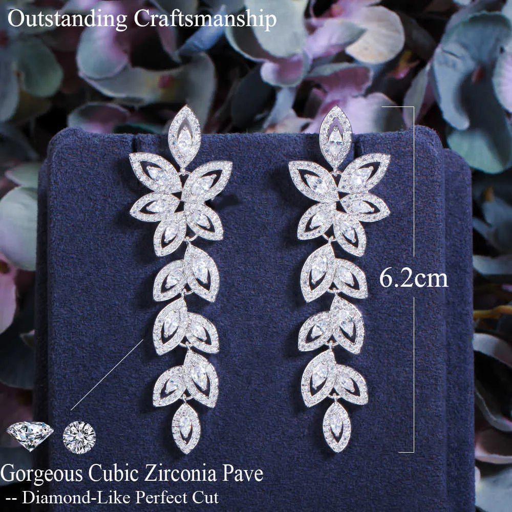 Pologne Marquise Cubic Zirconia Cluster Dangling Drop Fleur Feuille Longue Boucle D'oreille pour Femmes Mariage Banquet Bijoux CZ882 210714
