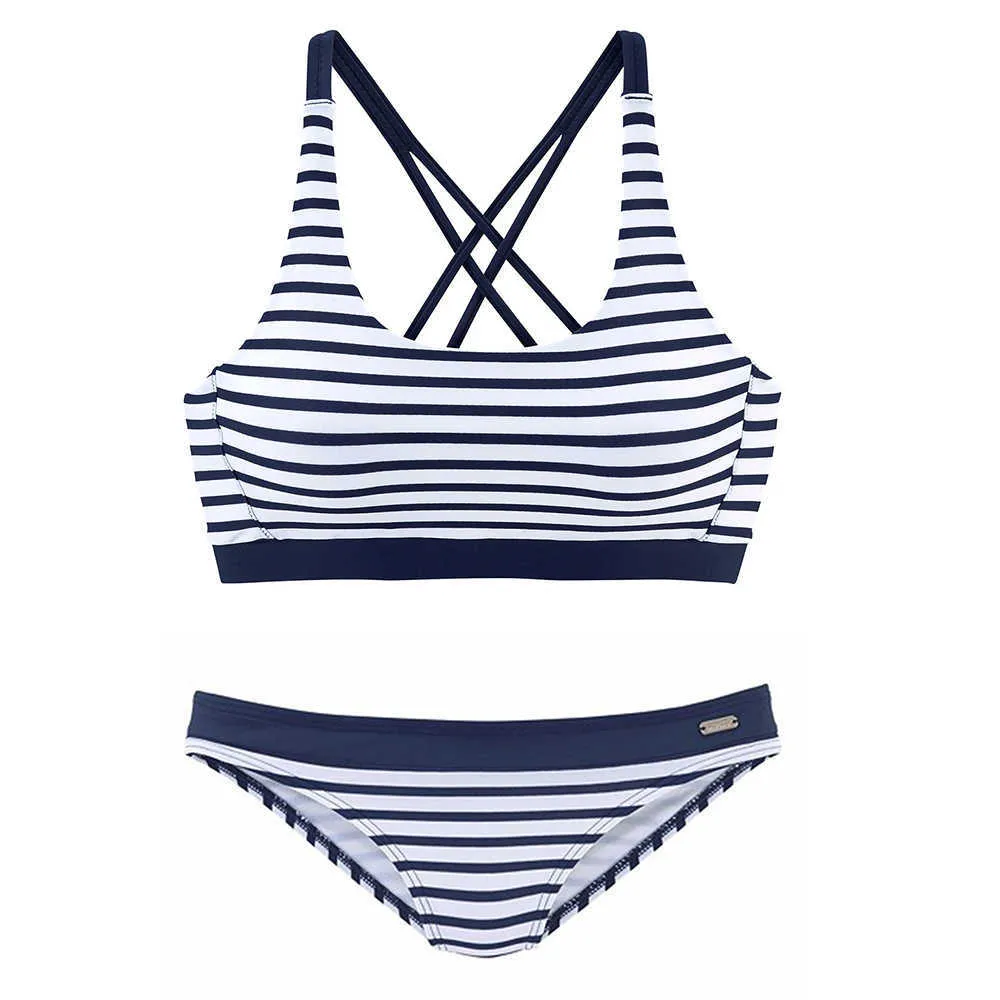女性の縞模様の2ピースビキニスポーツ水着ホルターベスト水着セクシーなビキニセット夏のビーチ入浴スーツビーチウェアS~2XL 210621