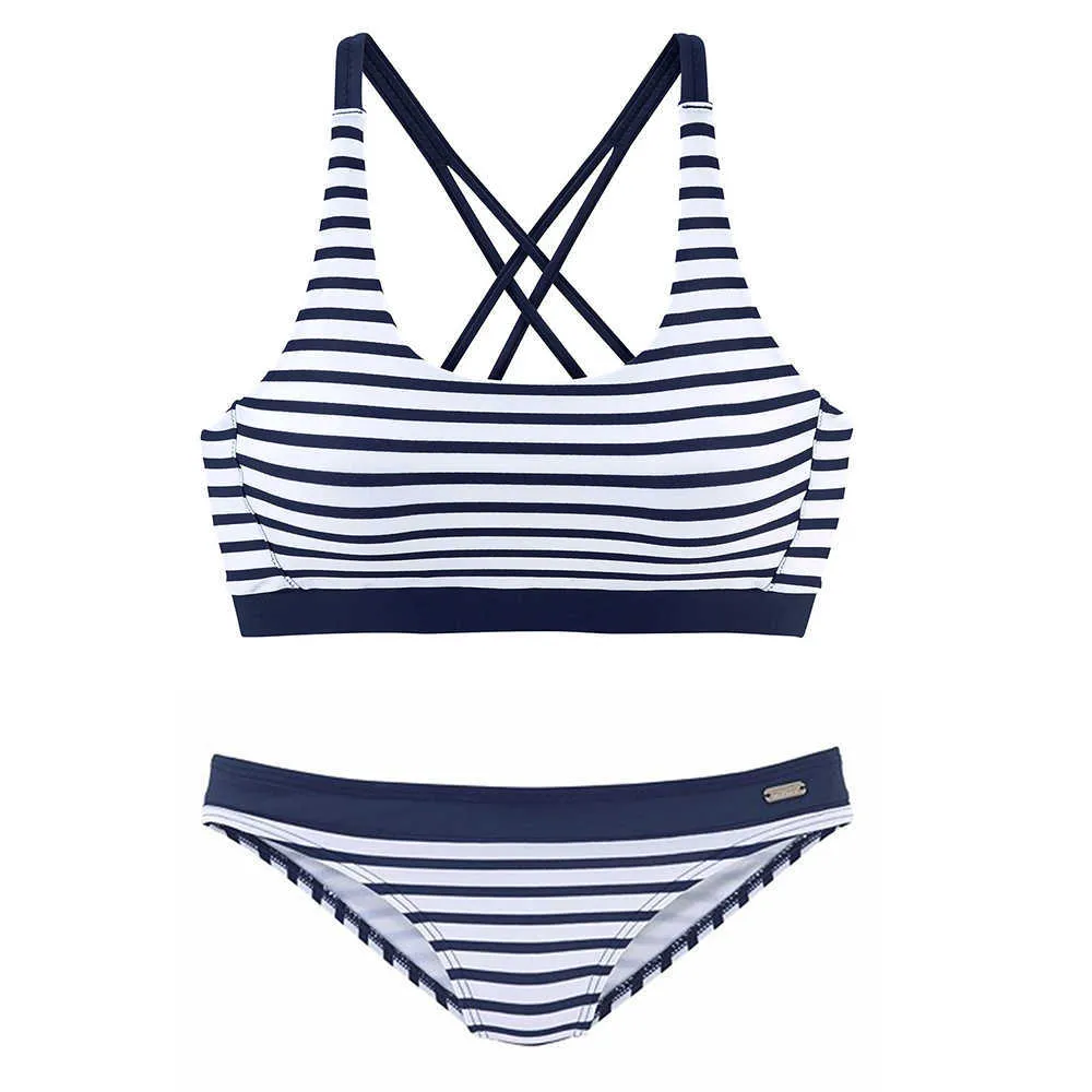 Women Striped Two Piece Bikinis Sports Swimwear Halter Vest Swimsuit Sexy Bikini Set Summer Beach Bathing Suit Beachwear S~2XL 210621