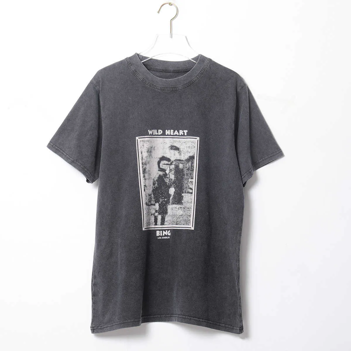 Vahşi Kalp Soluk Tees Kadınlar Yaz Kısa Kollu O Boyun Pamuk Gömlek T-shirt Rahat Vintage Klasik Yıkanmış Siyah Tişört Top 210720