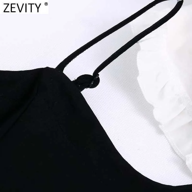 Zevity Women Vintage Black Sling Klänning Kvinna Chic Vit Agaric Lace Ruffles Två Pieces Casual Slim Mini Vestido DS5069 210603