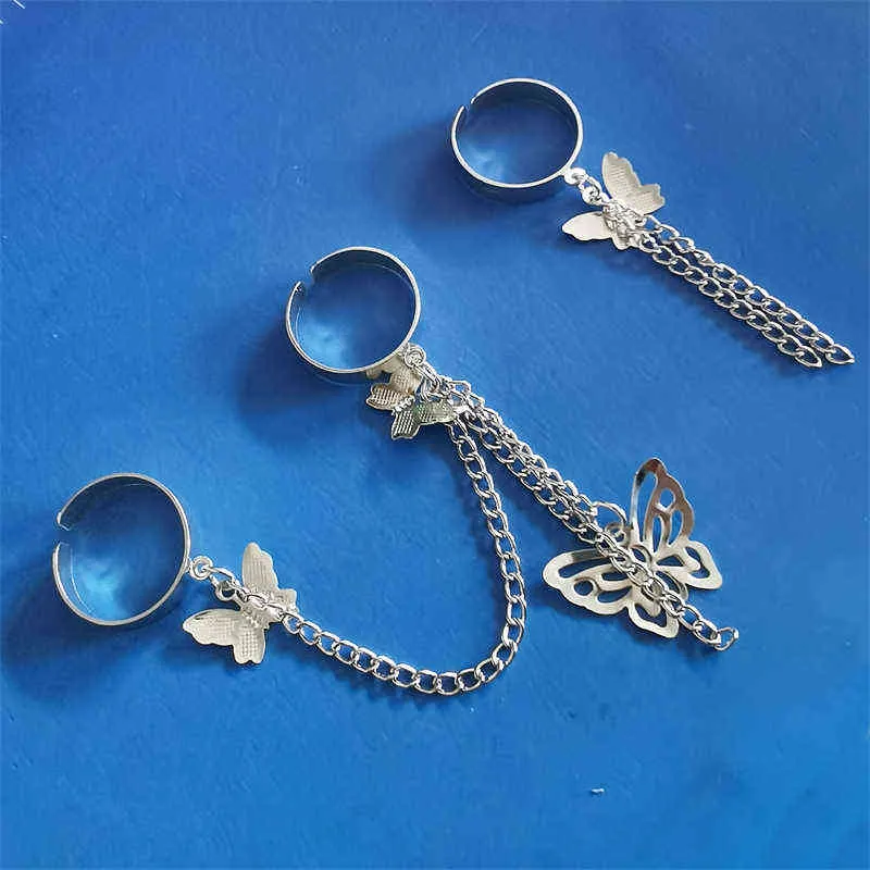 Anillos de cadena de dedo de Cruz Punk para mujer, conjunto de anillos con borla y mariposa, anillos cruzados, joyería de moda para mujer, joyería de hip hop G1125