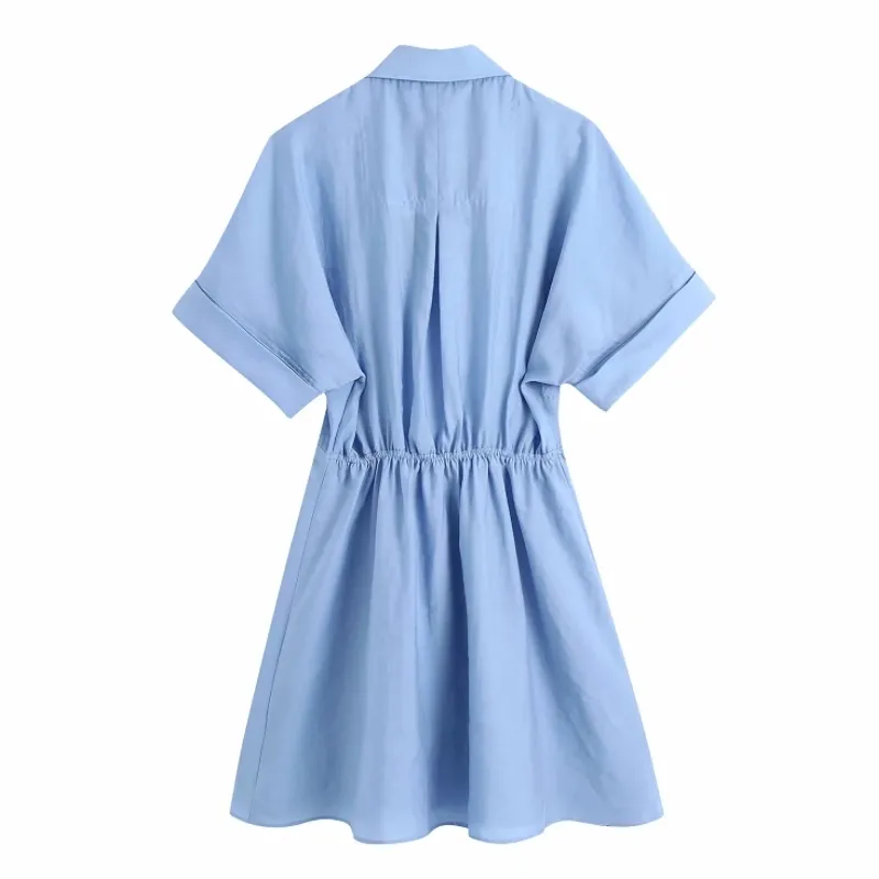 Summer Women Patch Pocket Blue Mini Shirt Dress Female Short Sleeve Clothes Casual Lady Loose Vestido D7685 210430