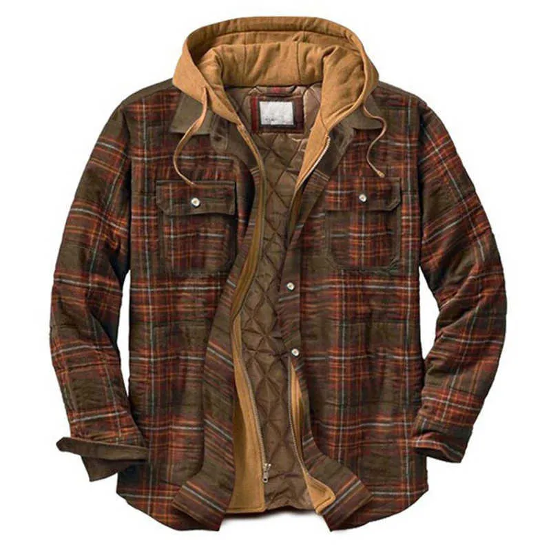 5XL Men Jackets Winter Plaid Coats Windbreaker Hooded Male Warm Parkas Outwear Overall Fashion Clothing Casual Jacket LM414 210811
