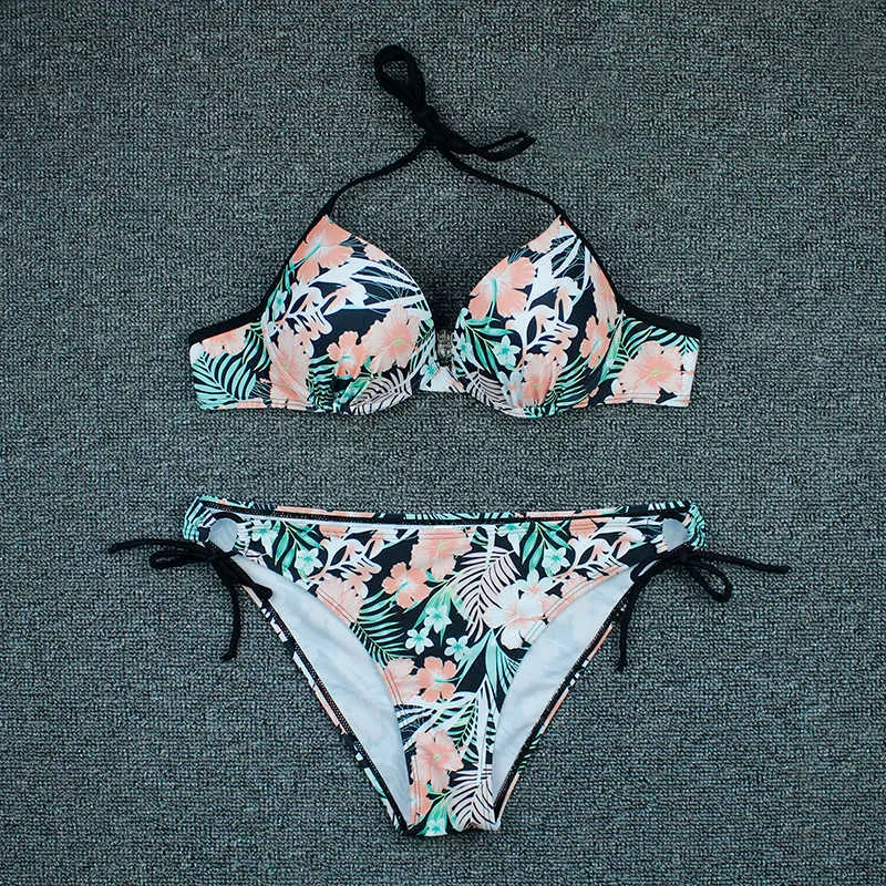 Sexy Bikini Swimwear Mulheres Push Up Bikinis Set Imprimir Flores Swimsuit Brazilian Beach Wear Dois Plece Banheira L 210621