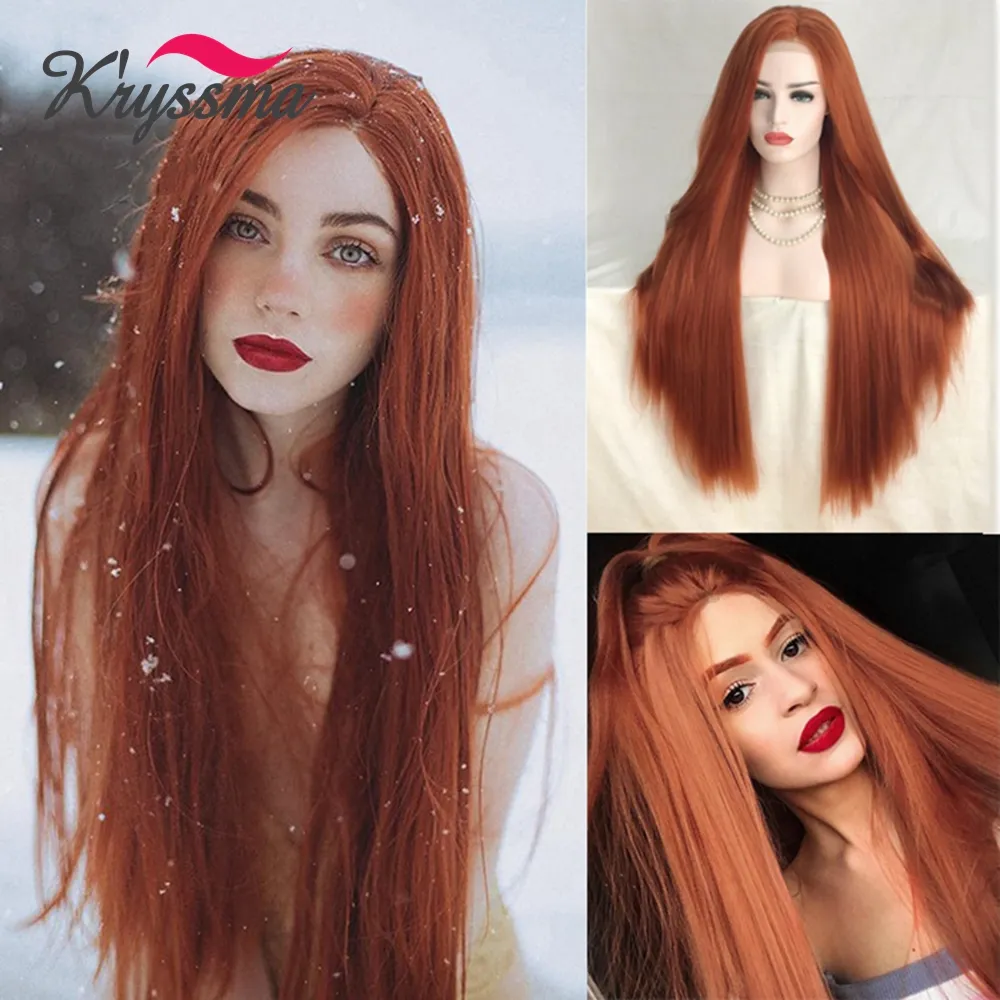 Moda de cobre sem glútero vermelho longo longo Natural reto livre parte de renda perucas frontal resistente a calor peruca de cabelo sintético para mulheres diretas