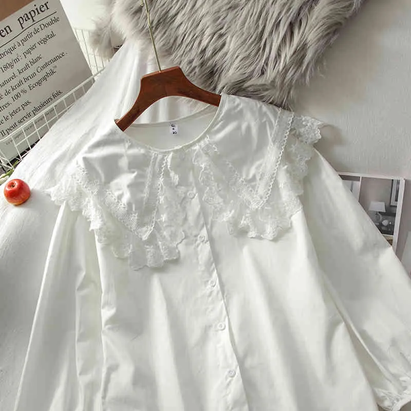 Koszulki Ezgaga Kobiety Jesień Słodkie Peter Pan Collar Single Breasted Top Top Patchwork Lace Solid White Korea Style Moda 210430