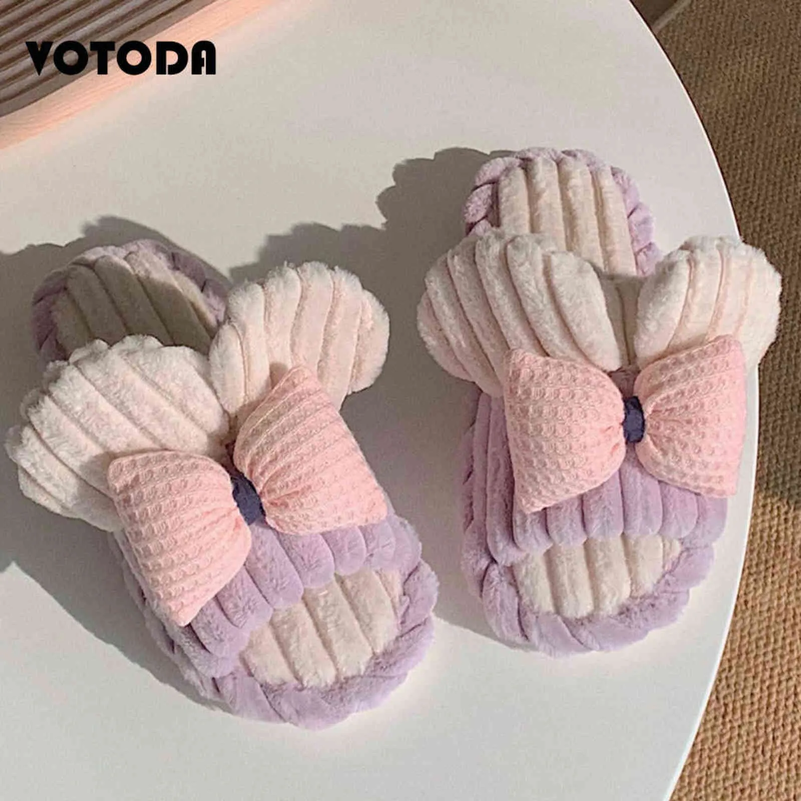 Winter Cartoon Cute Plush Slippers Women Butterfly-Knot Slides Casual Non-Slip Flip Flop Girls Bowknot Home Flat Bedroom Shoes H1122