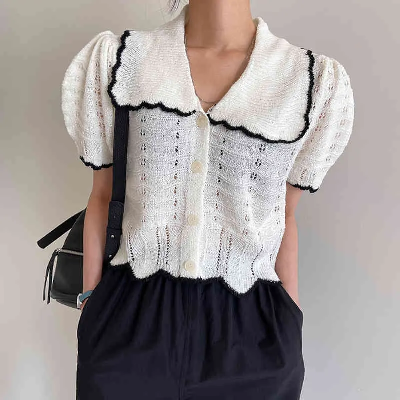 Maglione donna estate coreano chic femminile bavero trim monopetto manica a sbuffo irregolare cardigan lavorato a maglia 210514