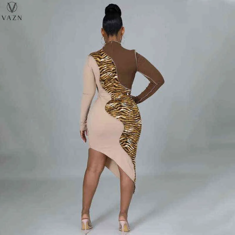 VAZN Fashion Women Sexy Girl Style Short Dress Long Sleeve Round Neck Tiger Grain Mini Shirt 211115
