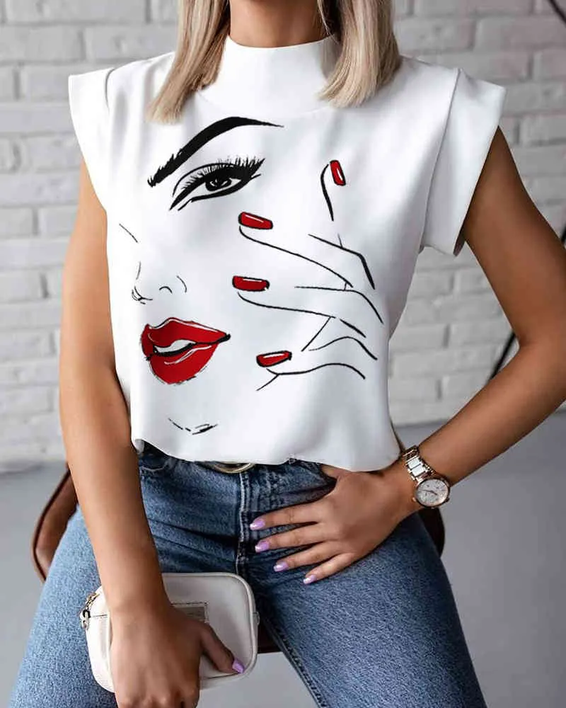 Kadın T-shirt Moda Zarif Dudaklar Baskı Yaz Ofis Bayanlar Rahat Standı Boyun Kısa Kollu Giyim 210522