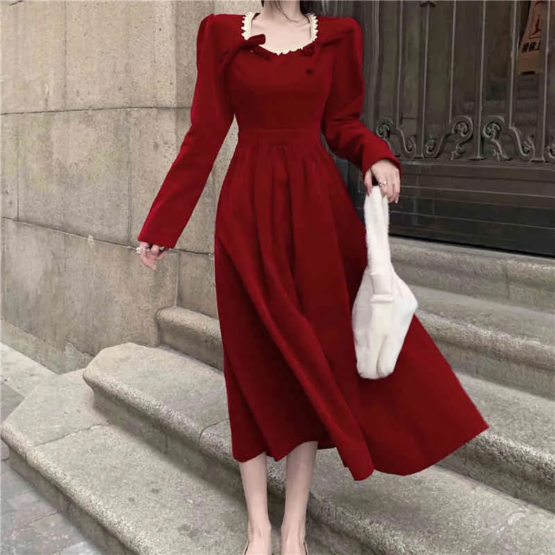 Ezgaga Elegante abito donna primavera stile francese vintage manica lunga colletto quadrato pizzo abito a vita alta in pizzo abiti 210430
