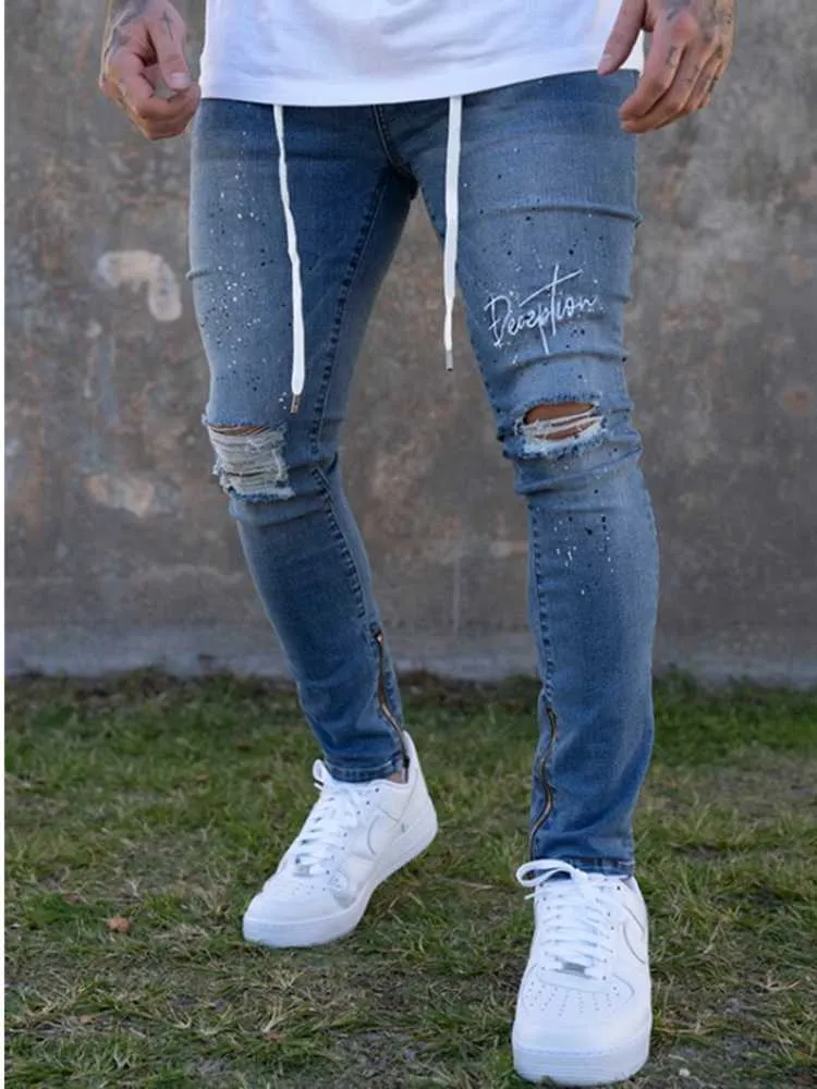 Erkek kot sıska tahrip kırık punk pantolon yırtık homme hip hop jeanssfashion streetwear vintage mavi gri beyaz renk x0621