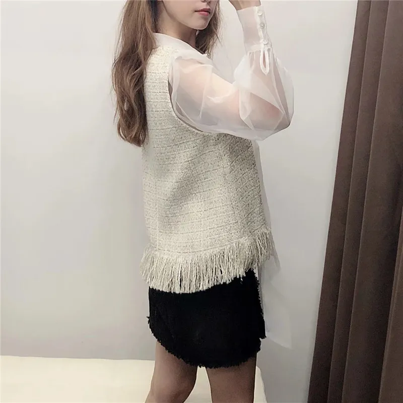 Lente tweed patchwork top vrouwelijke elegante lange mouw chique vrouw blouse mode boog orgaan semi pure tops 210519