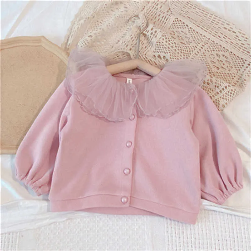 Coat Hit for Girls Solid Color Gebreide Vesten Jassen Meisje Mesh Revers Collar Sweaters Kinderjas Lente Herfst 210615