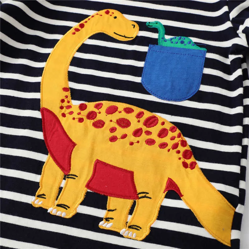 Hoppmätare Höst Vårdjur Applique Boys Girls T Shirts Bomull Stripe Fickor Mode Baby Långärmad Toppar Tees 210529