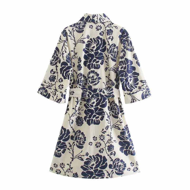Za Summer Kobiety Sukienka Kwiatowy Print Krótki Rękaw Pas Office Lady Dress Fashion Button Up Vintage Blue Woman Dresses 210602