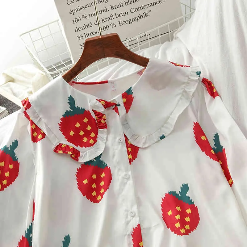Kimutomo Sweet Girls Blouse и рубашка Милая клубника Print Peter Pan Gology с длинным рукавом Chic Tops Spring Fashion 210521
