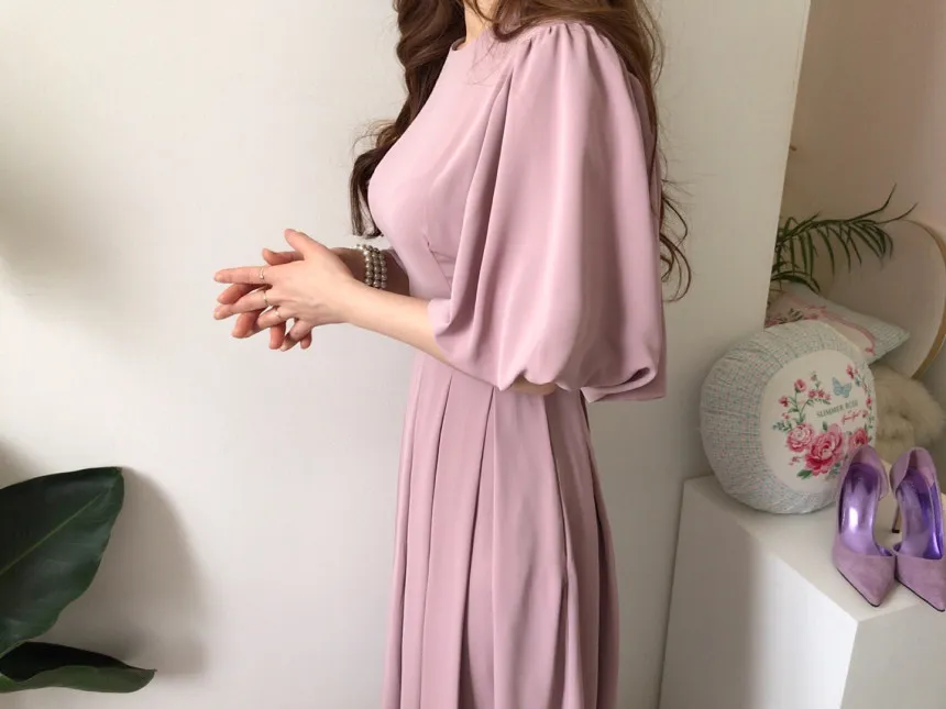 Sommar Elegant Lång Pläterad Klänning Kvinnor Koreansk stil Vintage Lantern Sleeve O-Neck Tunika Bodycon Damer Klänningar 210513