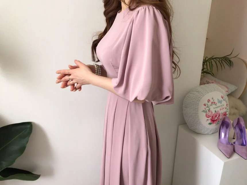 Verão elegante longo vestido plissado mulheres estilo coreano vintage lanterna manga o-pescoço túnica bodycon senhoras vestidos 210513