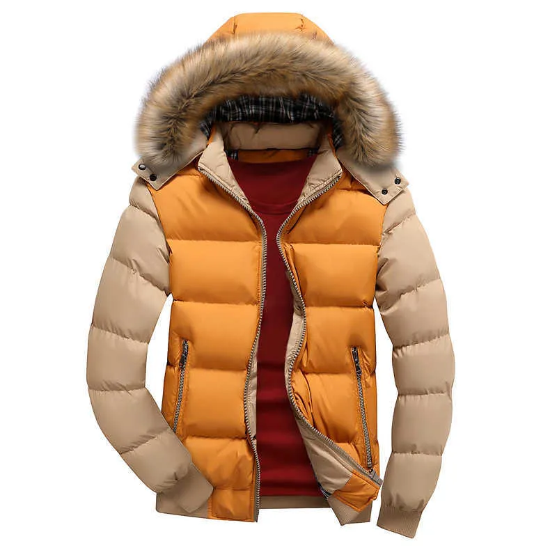 Winter Parka Men's Thick Coats Warm Fur Collar Hooded Jacket Mens Fashion Color Matching Overcoat Casual Winter Jackets Men 211025