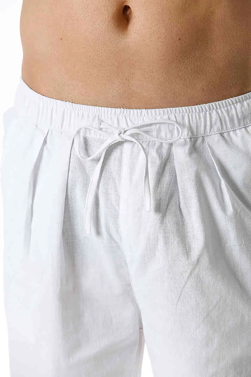 Pantaloni da uomo in lino di cotone bianco Pantaloni da salotto elastici con coulisse in vita Pantaloni da uomo casual leggeri da spiaggia yoga i 210522