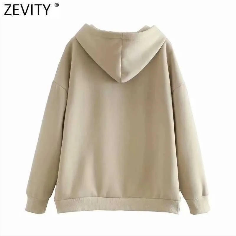 Zevity Women Fashion Zipper Decoration Casual Loose Fleece Sweatshirts Female Basic Pockets Hoodies Chic Pullovers Tops H522 210603