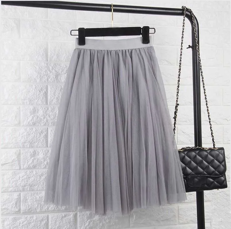 Tingyili 4 lager tyll kjolar kvinnor svart grå vit vuxen tyll kjol elastisk hög midja veckad midi kjol y0824