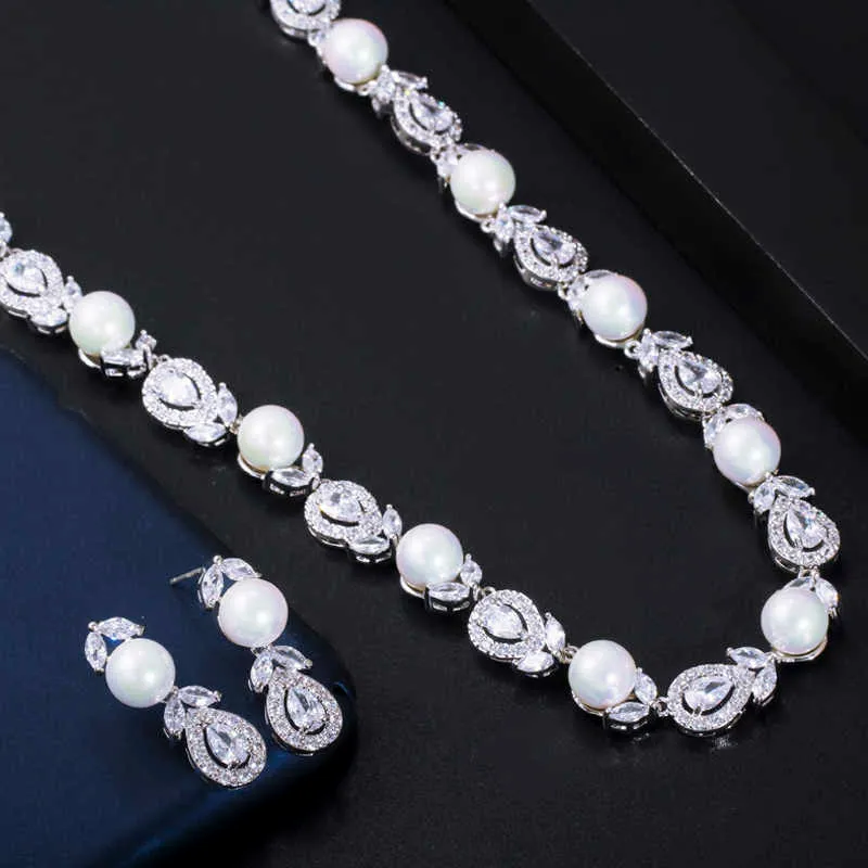ThreeGraces elegante blanco CZ piedra boda novias gran gargantilla collar de perlas y pendientes Negerian conjuntos de bisutería JS071 H1022