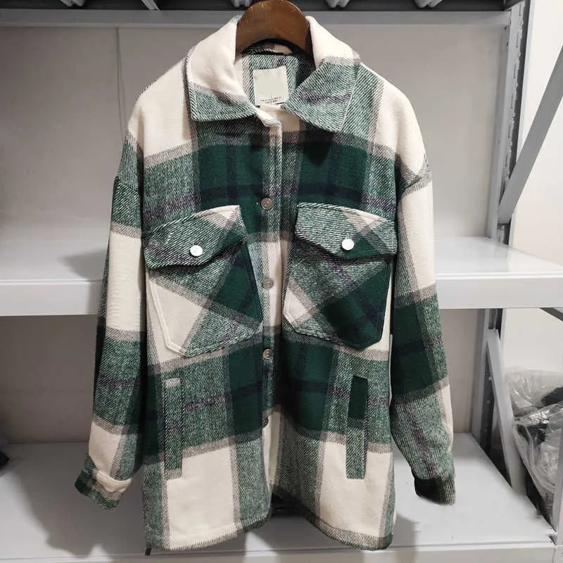 Modeplaidskjortor Jacka Kvinnor Coat Casual Tjock Oversize Outwear Koreanska Eleganta ZA 211014