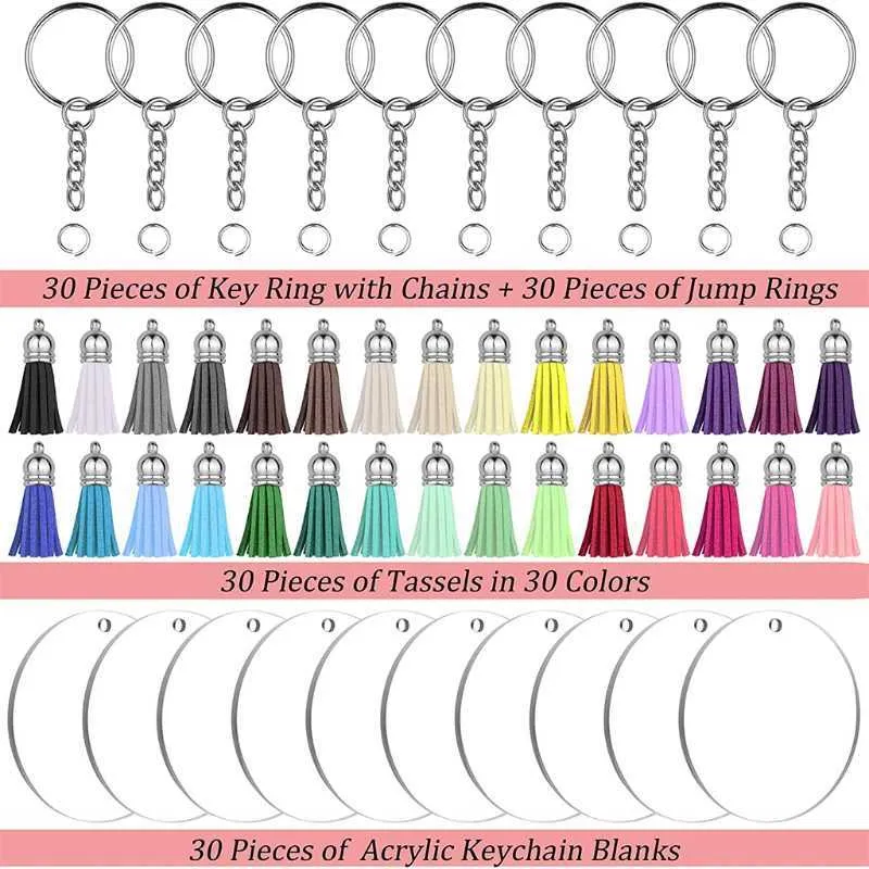 Y1UE – Kit d'ornements vierges en acrylique, 120 pièces, avec glands de couleur, porte-clés, anneaux de saut, G1019