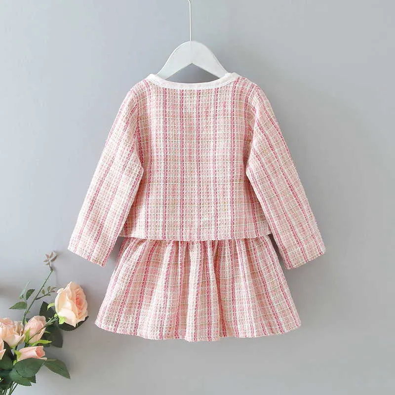 Lente kinderen meisjes 2-pcs sets blauw roze lange mouwen jurk + plaid jas dame stijl pageant formele outfits partij E137 210610