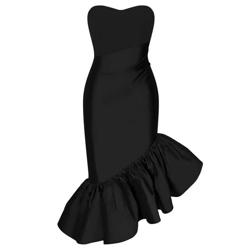 [DEAT] Women Ruffled Plated Hit Color Elegant Dress Strapless Sleeveless Loose Fit Fashion Autumn Winter 13T955 210527