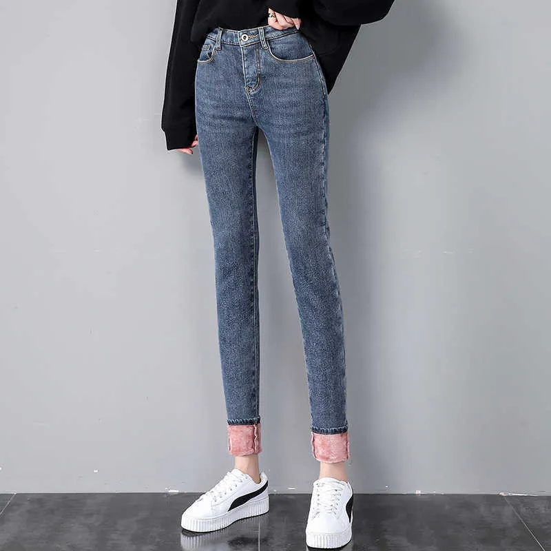 Thicken Plus Fleece Jeans Donna Inverno stile coreano Slim vita alta aderente con pantaloni in pile abbigliamento esterno 11993 210528
