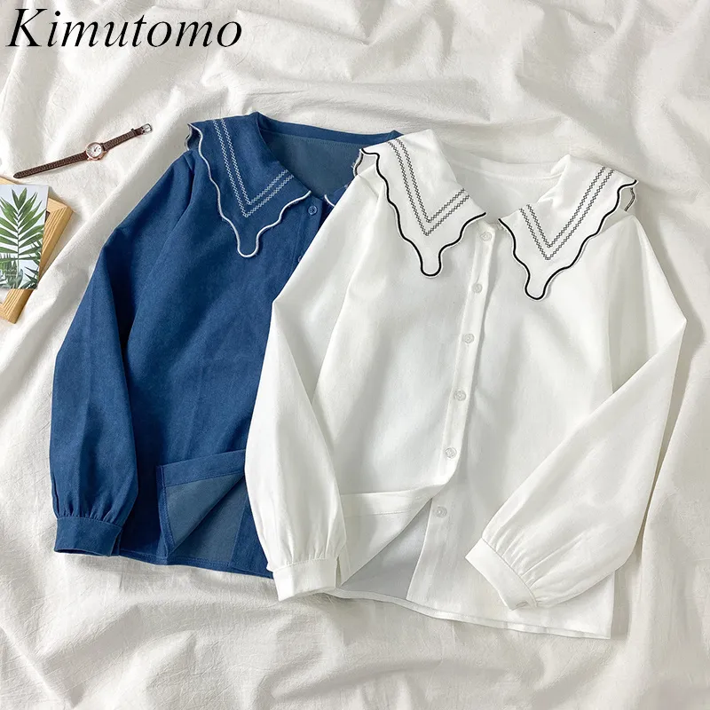 Kimutomo Contrast Color Bluzka Wiosna Styl Kobiety Peter Pan Collar Office Lady Długi Rękaw Single Breasted Top Elegant 210521