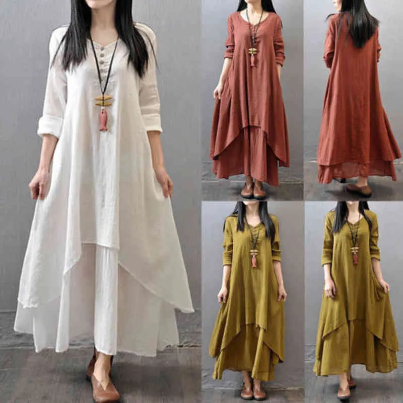 Kayotuas Women Dress Summer Boho Ethnic Cotton Linen Long Sleeve Maxi V-Neck Loose Casual Ladies Clothes Outfit 210522