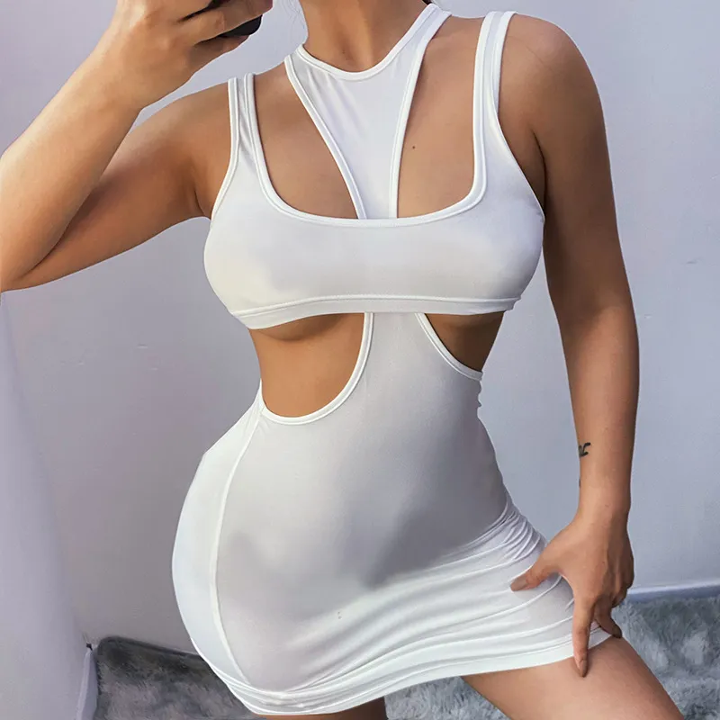 Hollow Out Backless Sexy Bodycon Mini Dress Summer Sleeveless Women Dresses White Fashion Clubwear Sundress Outfits 210517