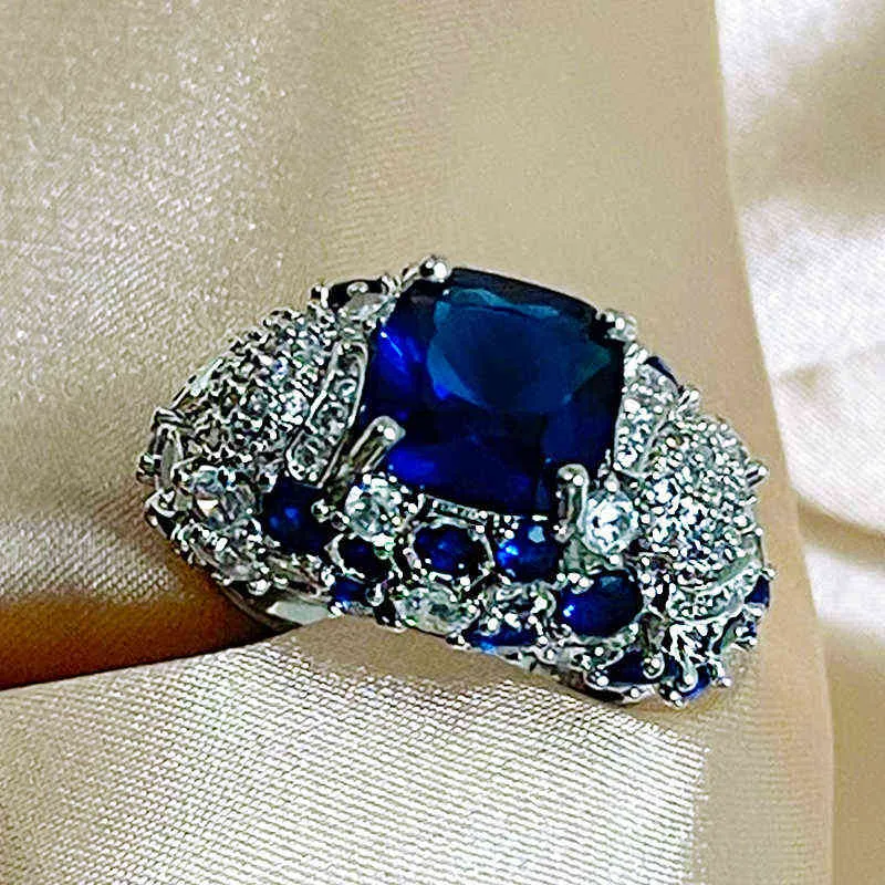 Classic Classic Silver 925 Pierścionek dla uroku Kobiety z owalowym niebieskim szafirem Gemstones fingle Fine Cielely hurtownie rozmiar 6-10 211217