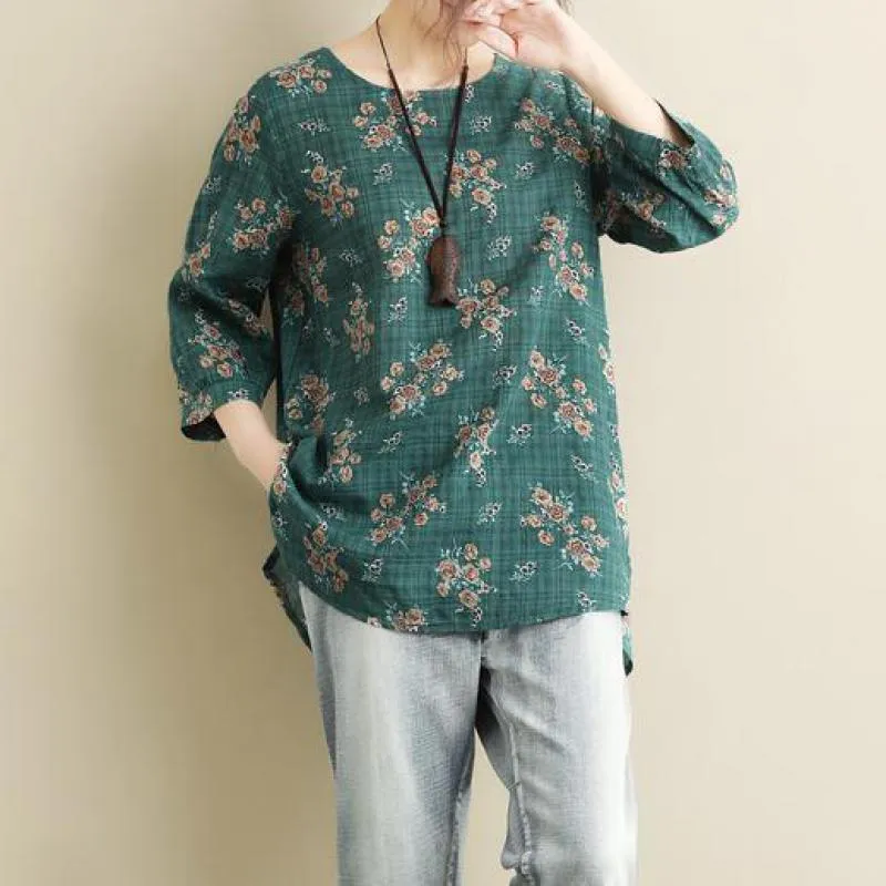 Johnature O-Boyun Bayan Yaka Tops Yaz Kore Gevşek Üç Çeyrek Kol Çiçek Baskı Rahat Rahat T-Shirt 210521