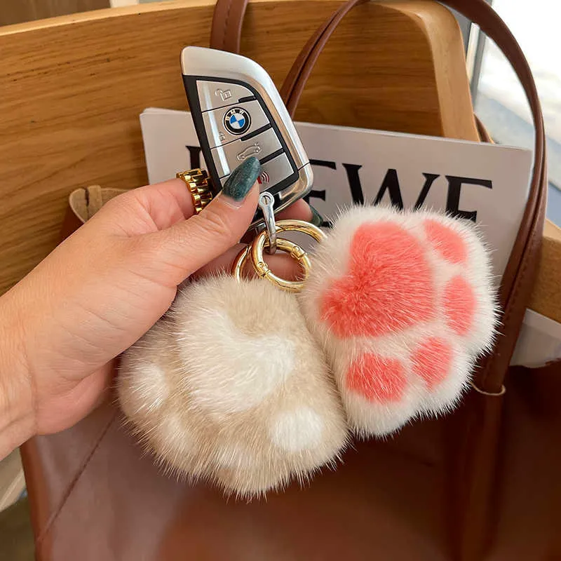 Fluffy Mink fur kitten claw cute plush doll bag car key chain pendant girl's gift275j