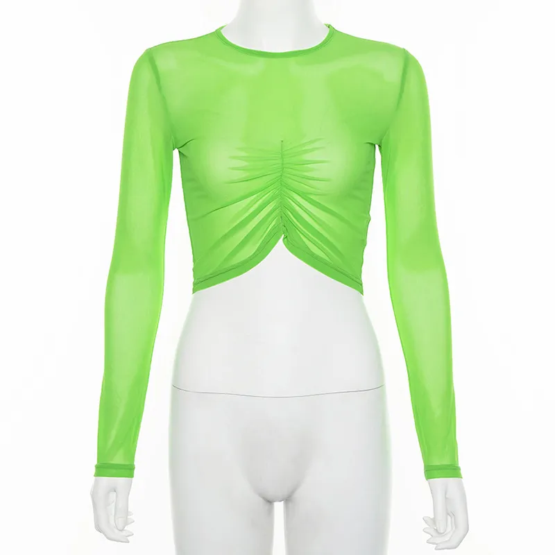 OMSJ Neon Green Transparent Crop Top Långärmad Mesh Se igenom Kvinnor Sexig skjorta Casual Fashion T Streetwear 210517