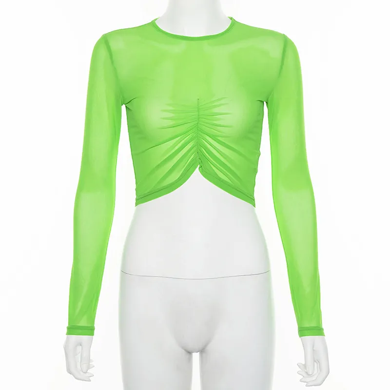 Omsj Neon Green Transparent Crop Top Long Sleeve Mesh See Through Women Sexy Shirt Casual Fashion T Streetwear 210517