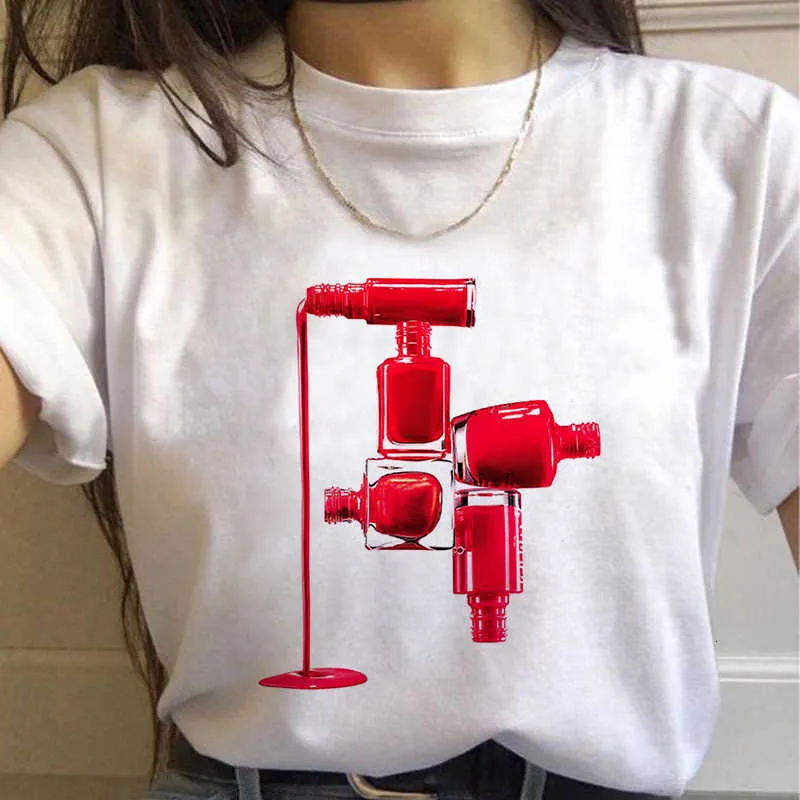 2020 Été Femmes T-shirt Coloré Nail Poli Imprimé T-shirts Casual Tops Tee Harajuku 90s Vintage Blanc Tshirt Femme Vêtements X0527